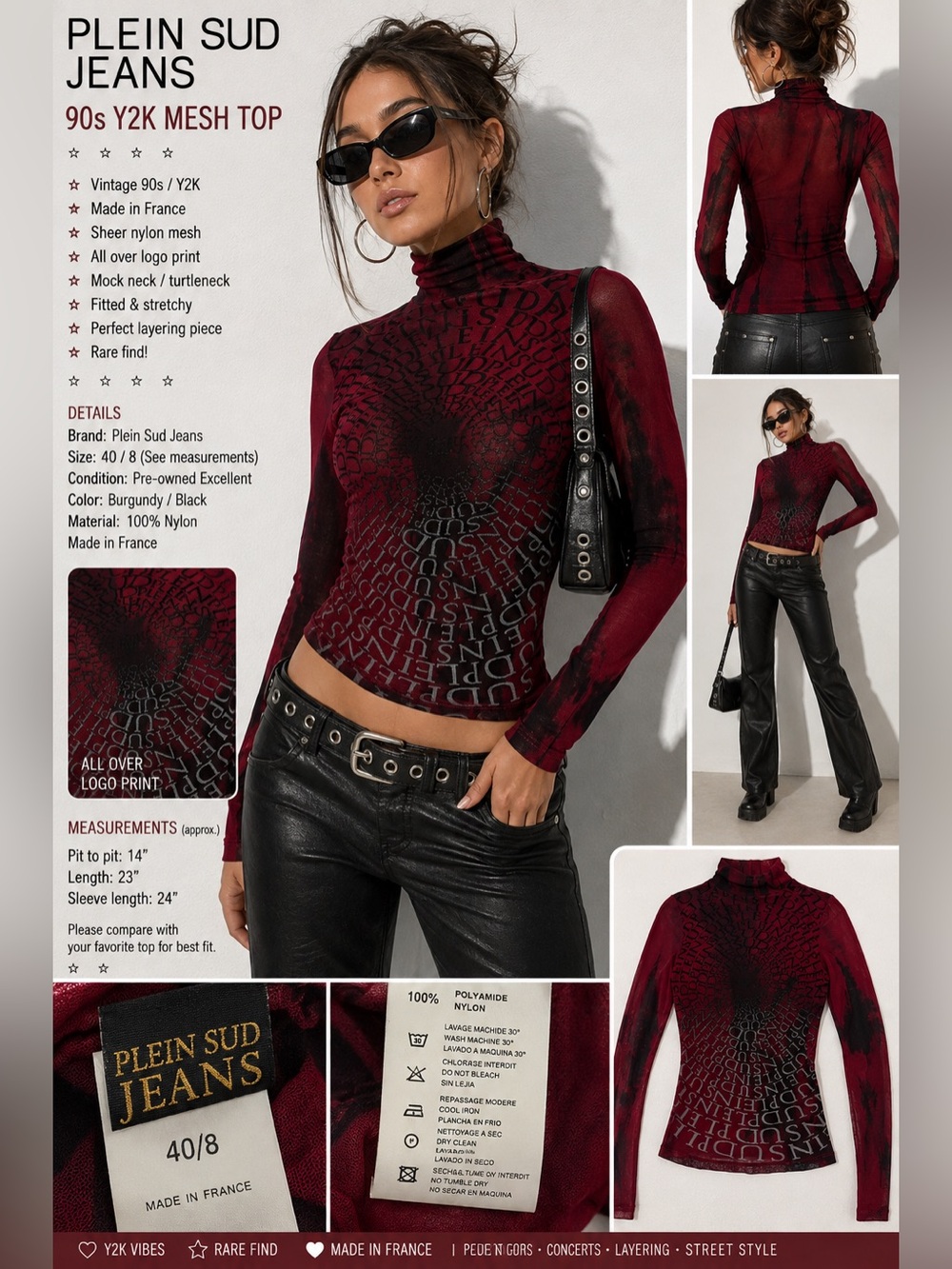 Plein Sud Jeans Vintage Archival Y2K Mesh Logo Print Turtleneck Top Made France